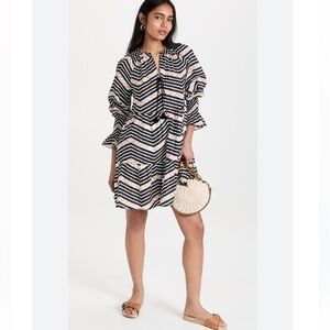 Figue Bella Short Dress Chevron Black,White,Tan Smocked Cuffs Small Boho Preppy